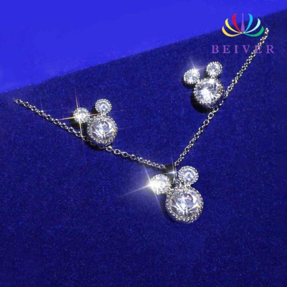 Mouse Jewelry Set 925 Sterling Silver Necklace Set Clear CZ Jewelry Set - Picture 3 of 3